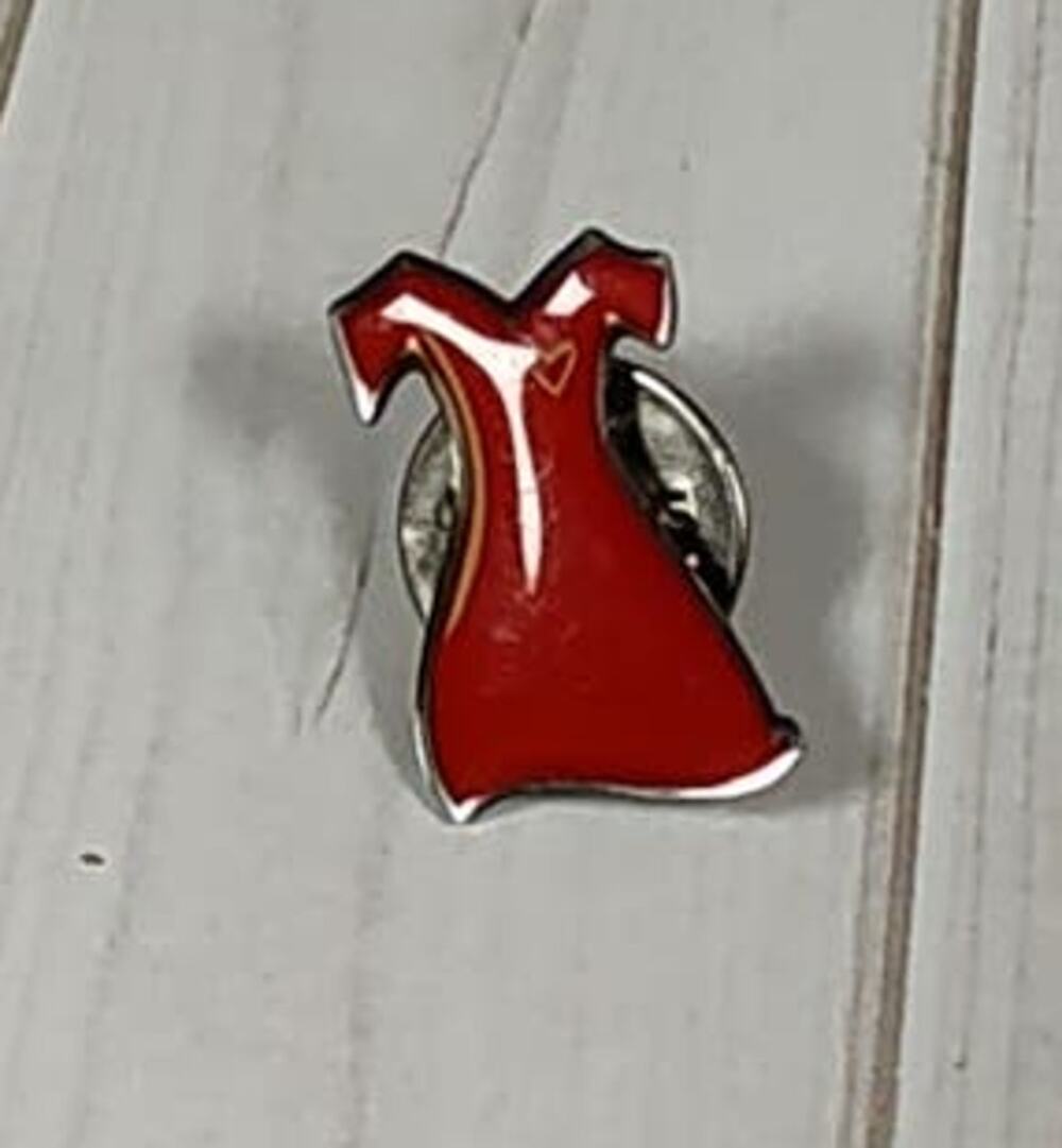 Red Dress Heart Pin for a Hat, Lapel, Apron, Lanyard, Jacket or Backpack
